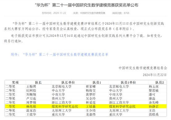 煤科总院研究生团队荣获“华为杯”第二十一届中国研究生数学建模竞赛全国二等奖