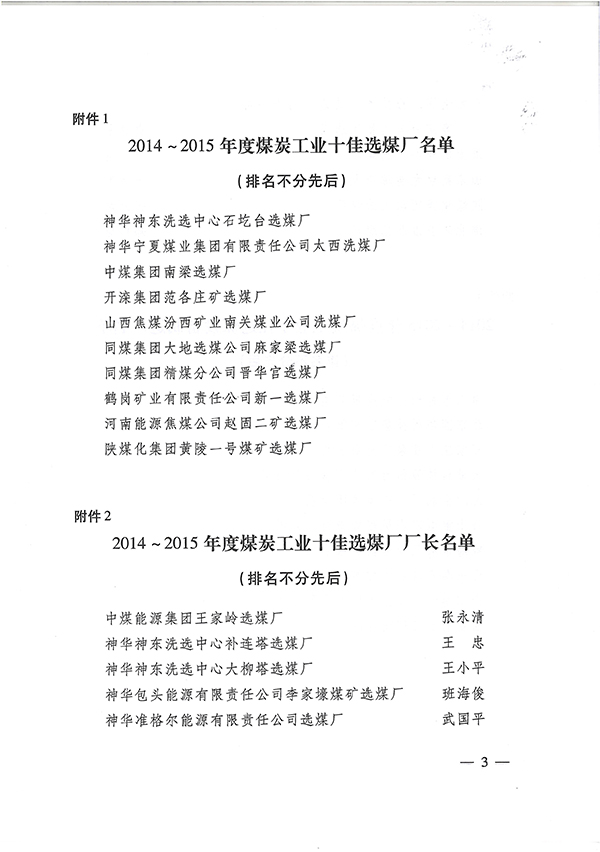 2014-2015年度煤炭工业十佳选煤厂厂长和十佳选煤设备制造厂