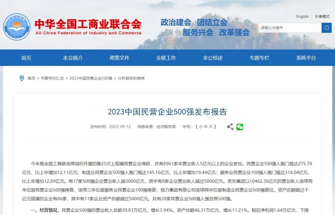 6家煤炭企业入围2023中国民营企业500强