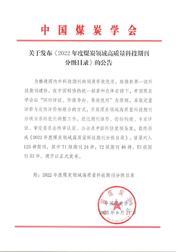 《能源与环保》期刊入选 中国煤炭领域高质量科技期刊分级目录  T2级