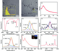 CDs的（a） TEM图像；（b） HRTEM 图像；（c） XRD谱图；（d） FT-IR谱图；（e） C 1s、（f） N 1s和（g） O 1s的高分辨率XPS谱图；（h） UV-vis光谱谱图以及（i） Py-FTIR谱图