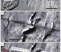 东昆仑断裂带库赛湖段昆仑山地震纯剪切地表破裂局部化特征
(a)断错地貌 Iknos卫星影像图；(b) 地表破裂局部卫星影像图；(c) 地表破裂局部详细解译图与小于23 m破裂带宽度