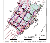 4条NE向深地震测深测线位置与地质构造背景
F1：上杭–云霄断裂；F2：九龙江断裂；F3：永安–晋江断裂；F4：沙县–南日岛断裂；F5：闽江断裂；F6：邵武–河源断裂；F7：政和–大埔断裂；F8：长乐−诏安断裂；L5：武平–宁化–邵武；L6：上杭–永安–建瓯；L7：永定–大田–古田；L8：漳浦–南安–罗源