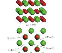 CaO(100)表面优化结构的正视图和俯视图
注：红色为O原子；绿色为Ca原子。
